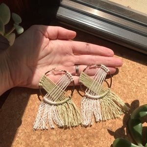 Boho Hoop Macrame Earrings- Green and White